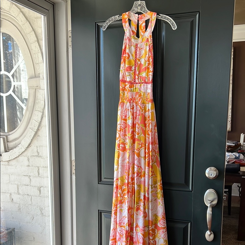 NWT Anthropologie Abel The Label Rumi Coral/Yellow Halter Neck Maxi Size Small - Picture 6 of 14